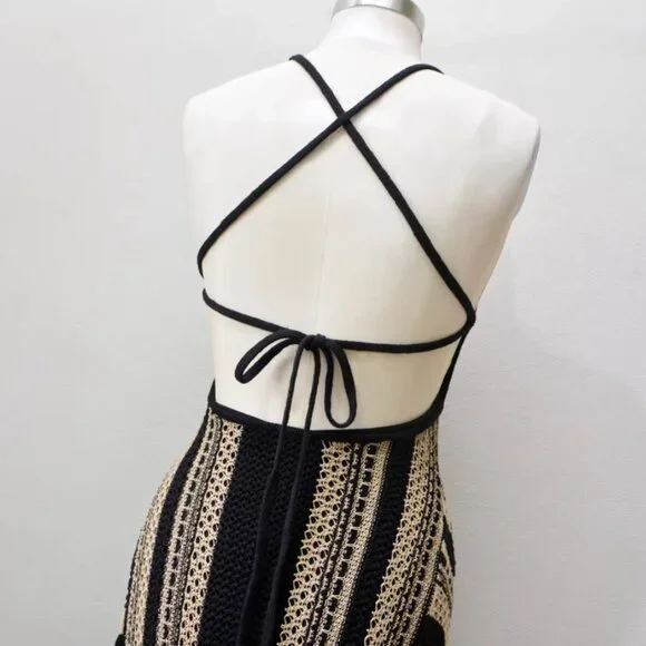 BEST REISS Annie Stripe Crochet-Knit Tie-Back Maxi Dress XS/S/M Black/Neutral - Picture 9 of 13